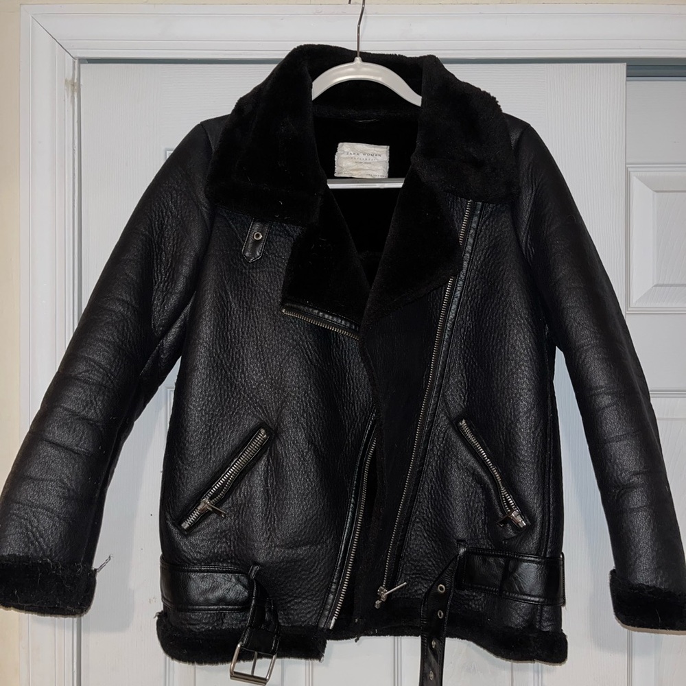 Zara Leather and Shearling Oversized Jacket
